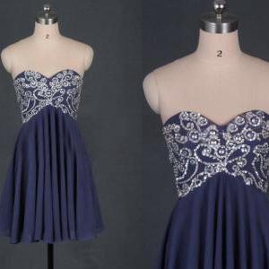 Navy Blue Strapless Short Prom Dress Chiffon..