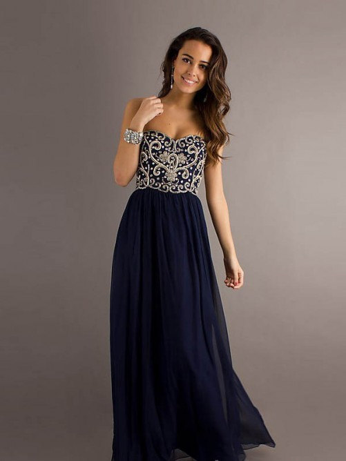 Navy Blue Sheath Long Prom Dress Chiffon Prom Dresses Evening Dress main image 1